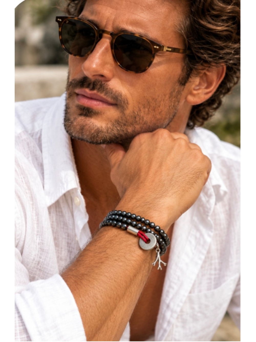 Men's Isaia Napoli Saracino Hematite Beaded Wrap Bracelet New!